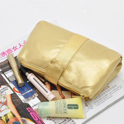 Portable Toiletry PU Leather Folding Cosmetic Bag  Golden Color For Travel